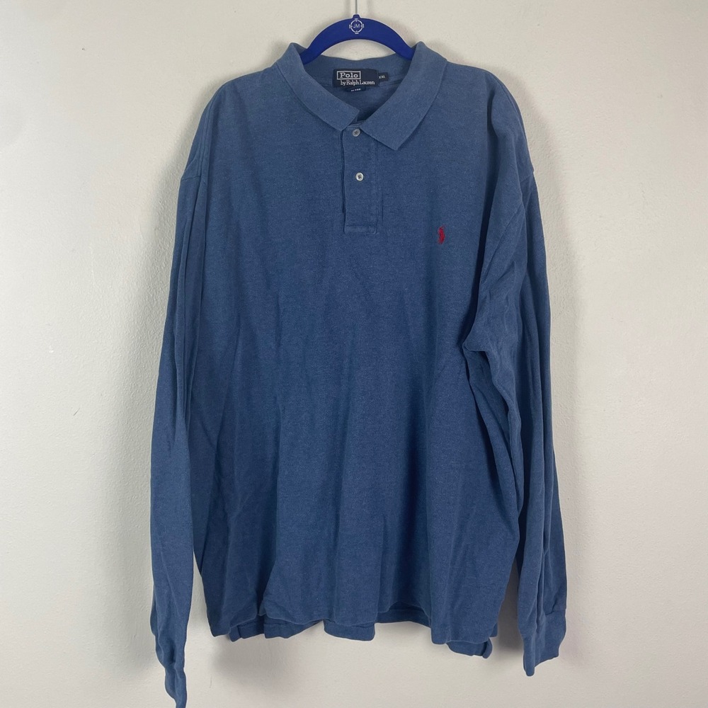 VTG Polo Ralph Lauren Long Sleeve Polo Shirt Blue Red Pony Logo Men's‎ XXL